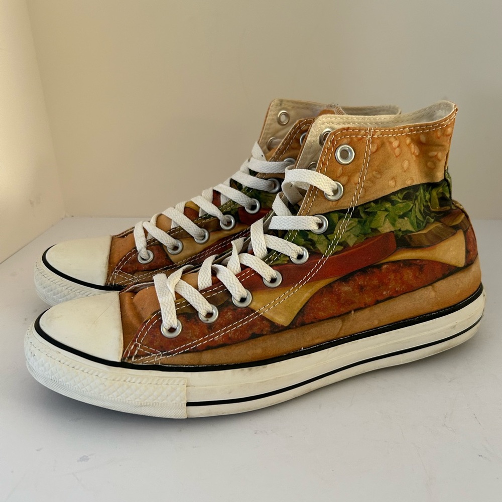 Converse Chuck Taylor All Star High-Tops Cheeseburger print. Great shape! Size 9